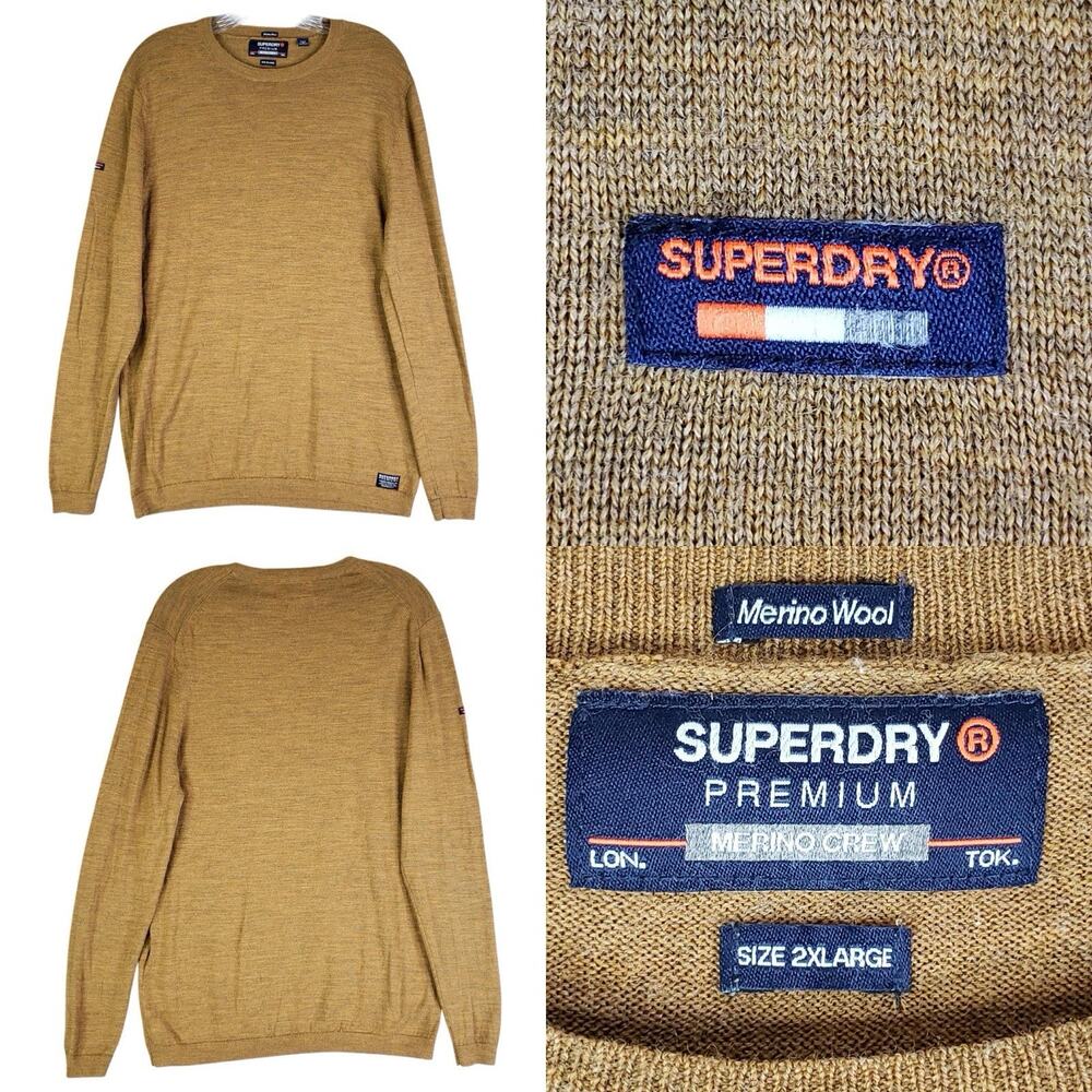 Superdry Sweater Men’s Size 2XL Brown Merino Wool Pullover Crew Long Sleeve